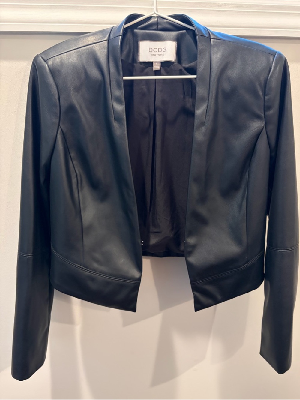 BCBG Black Faux Leather Open-Front Jacket